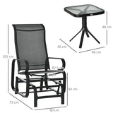 Outsunny 3 Pieces Garden Gliding Chair Set, Metal Frame 2 Single Armchair Swing Seater and 1 Glass Top Coffee Table w/ Breath Mesh Fabric Seat, Black