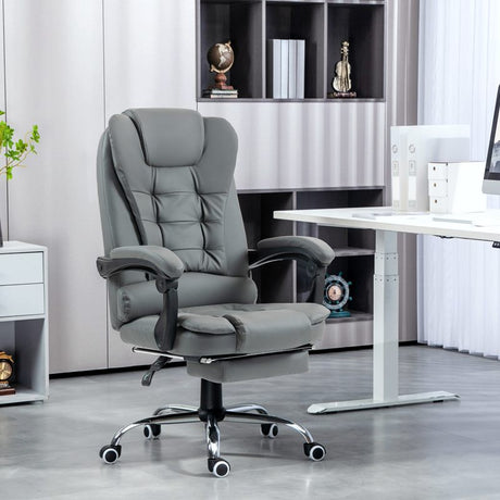 HOMCOM Executive Office Chair, PU Leather High Back Desk Chair with Adjustable Height, Recliner Computer Swivel Chair with Footrest for Home Office, Grey