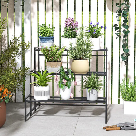 Outsunny Three-Tier Metal Plant Shelf - Black