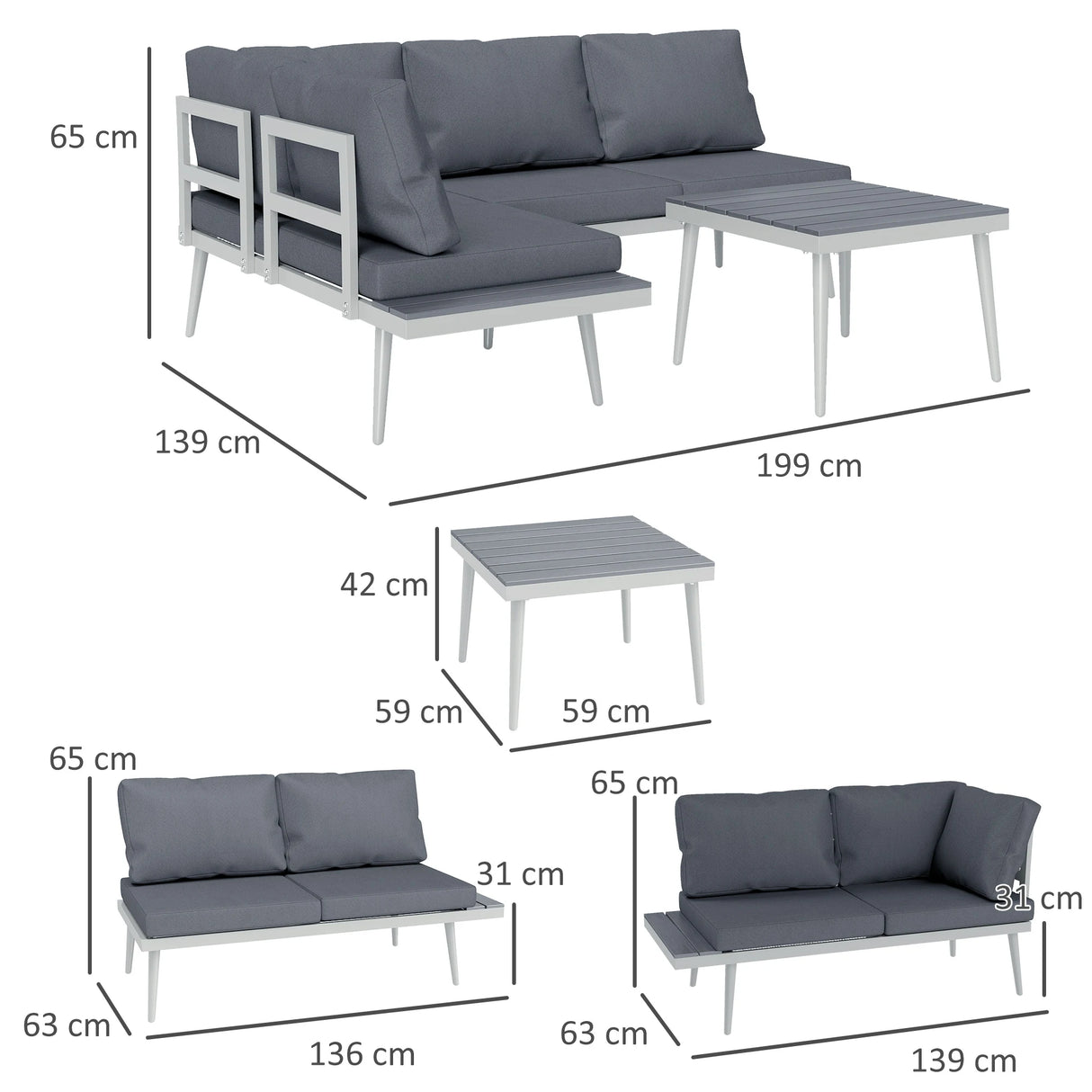 Outsunny 3 Piece Garden Furniture Set with 5-Level Adjustable Lounger, L Shaped Garden Corner Sofa with Cushions, Mesh Seat, Slatted Wood-Grain Table, Outdoor Furniture Set for Conservatory, Grey