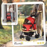 PawHut Dog Pram Dog Stroller Foldable Pet Pushchair with 4 Wheels, Safety Leashes, Cup Holder for Small Dogs, Red