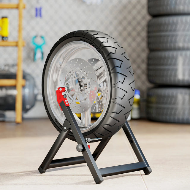HOMCOM Foldable Motorcycle Wheel Balancer Truing Stand with Spoke Wrench, Steel Bike Tyre Rim Balancing Stand with Aluminium Shaft, Fits Wheels up to 23" in Diameter, 5" in Width, Black
