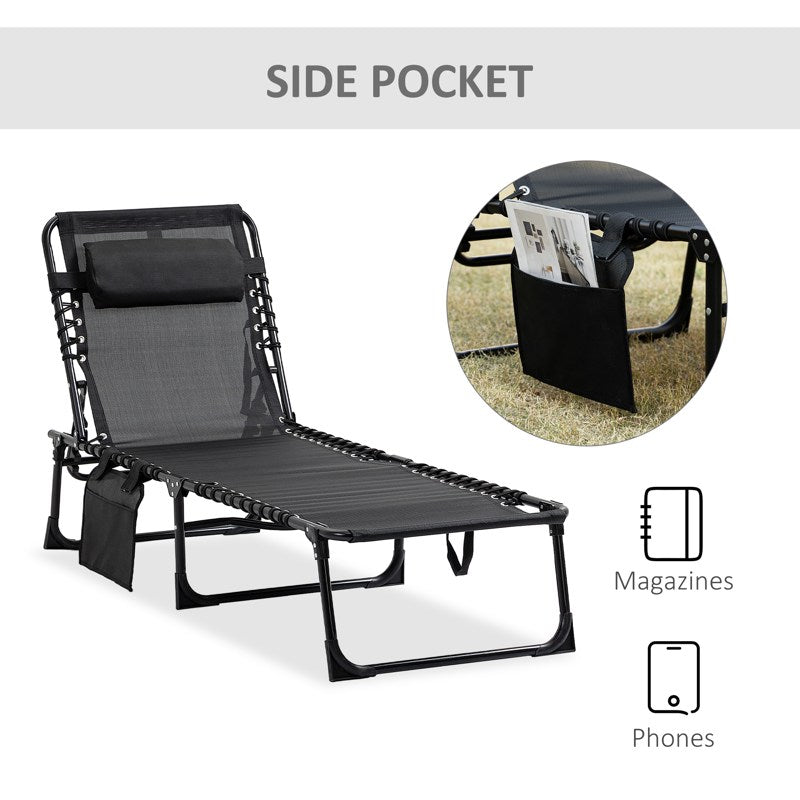 Outsunny Portable Sun Lounger, Folding Camping Bed Cot, Reclining Lounge Chair 5-position Adjustable Backrest with Side Pocket, Pillow for Patio Garden Beach Pool, Black