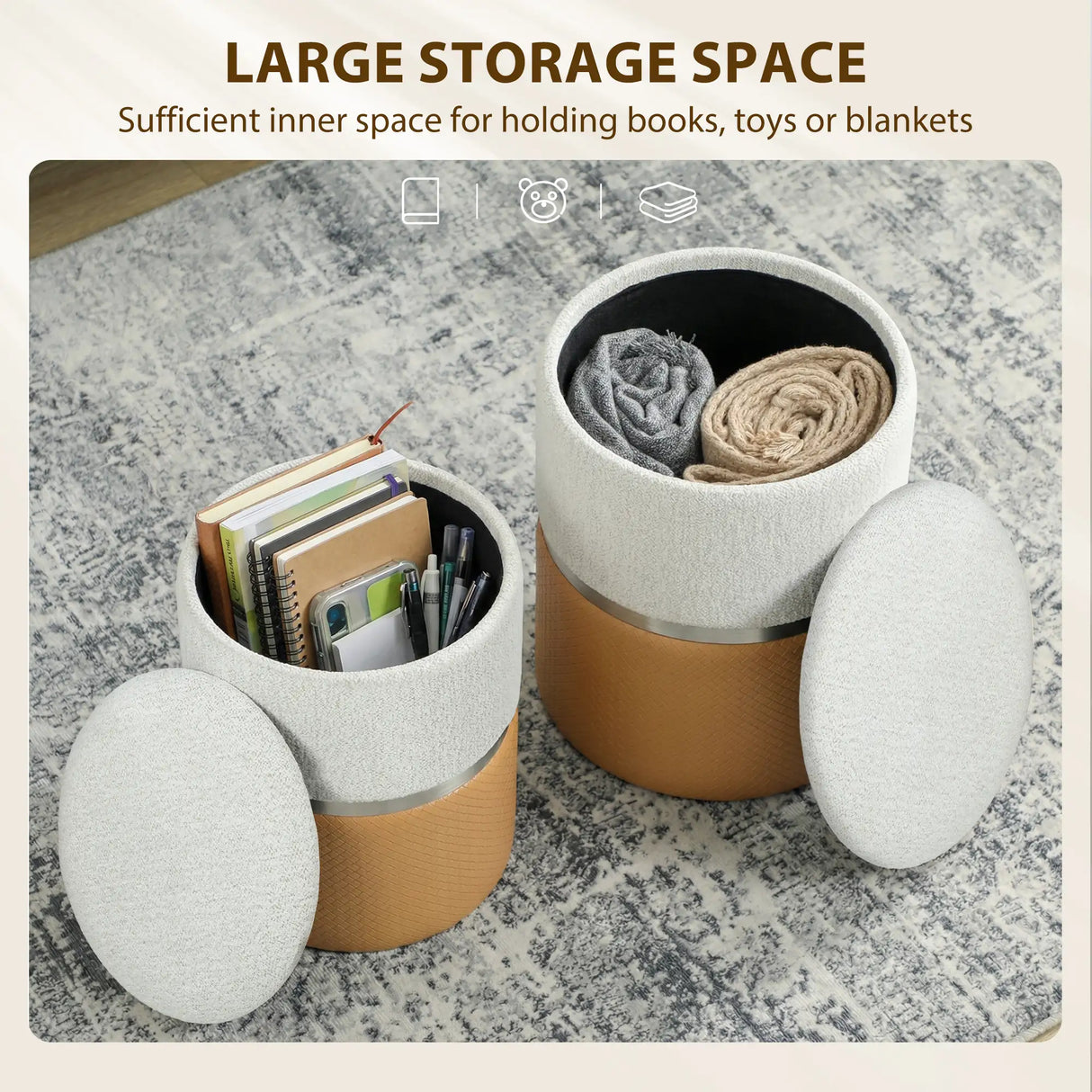 HOMCOM Nesting Round Ottoman with Storage Set of 2 - Cream/Brown