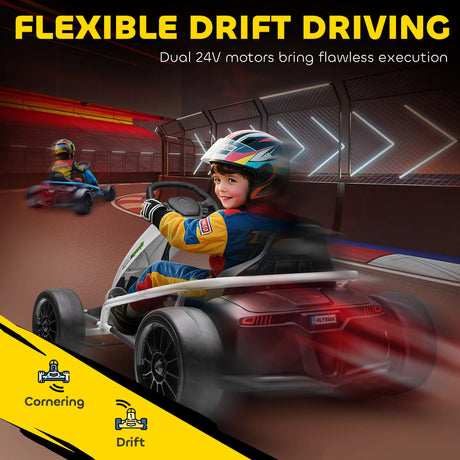 HOMCOM 24V Electric Go Kart for Kids, Drift Ride-On Racing Go Kart with 2 Speeds, for Boys Girls Aged 8-12 Years Old, White