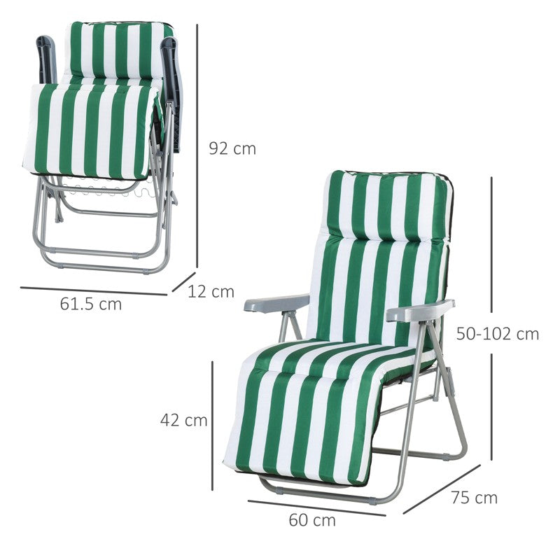 Outsunny 2 Pieces Outdoor Sun Lounger Set with Cushions, Patio Folding 5-Level   Adjustable Backrest Recliner Chairs Set of 2 with High Backrest and Armrests, Green & White