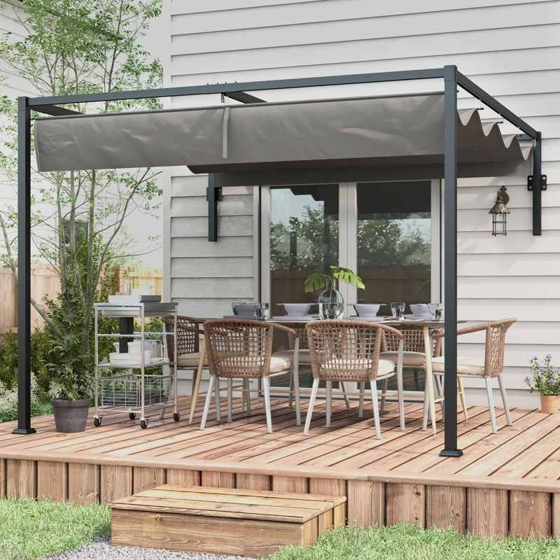 Outsunny 3 x 4m Lean To Steel Pergola, with Moving Fabric Canopy - Dark Grey