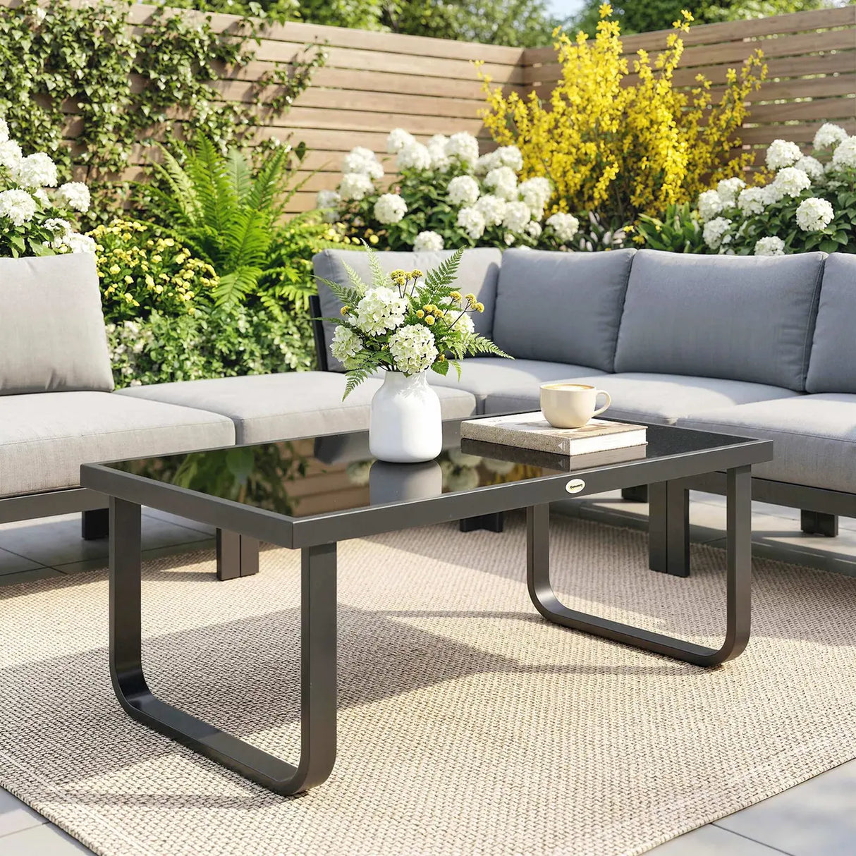 Outsunny Outdoor Garden Coffee Table, Rectangle Metal Side Table with Tempered Glass Tabletop, Adjustable Foot Pads