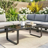 Outsunny Outdoor Garden Coffee Table, Rectangle Metal Side Table with Tempered Glass Tabletop, Adjustable Foot Pads