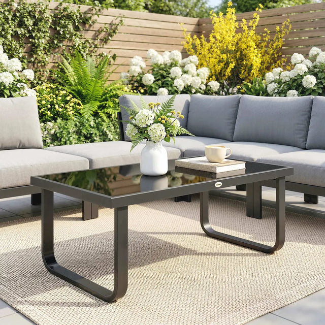 Outsunny Outdoor Garden Coffee Table, Rectangle Metal Side Table with Tempered Glass Tabletop, Adjustable Foot Pads