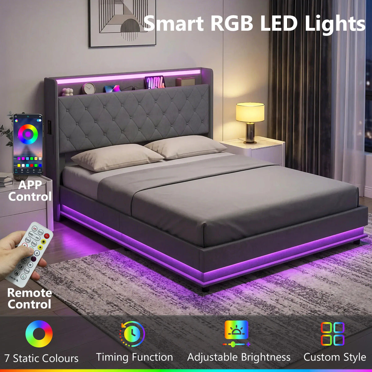 HOMCOM 5ft King Bed Frame with Headboard, Platform Bed Frame with Hydraulic Storage, LED Lights and Charging Station, Grey