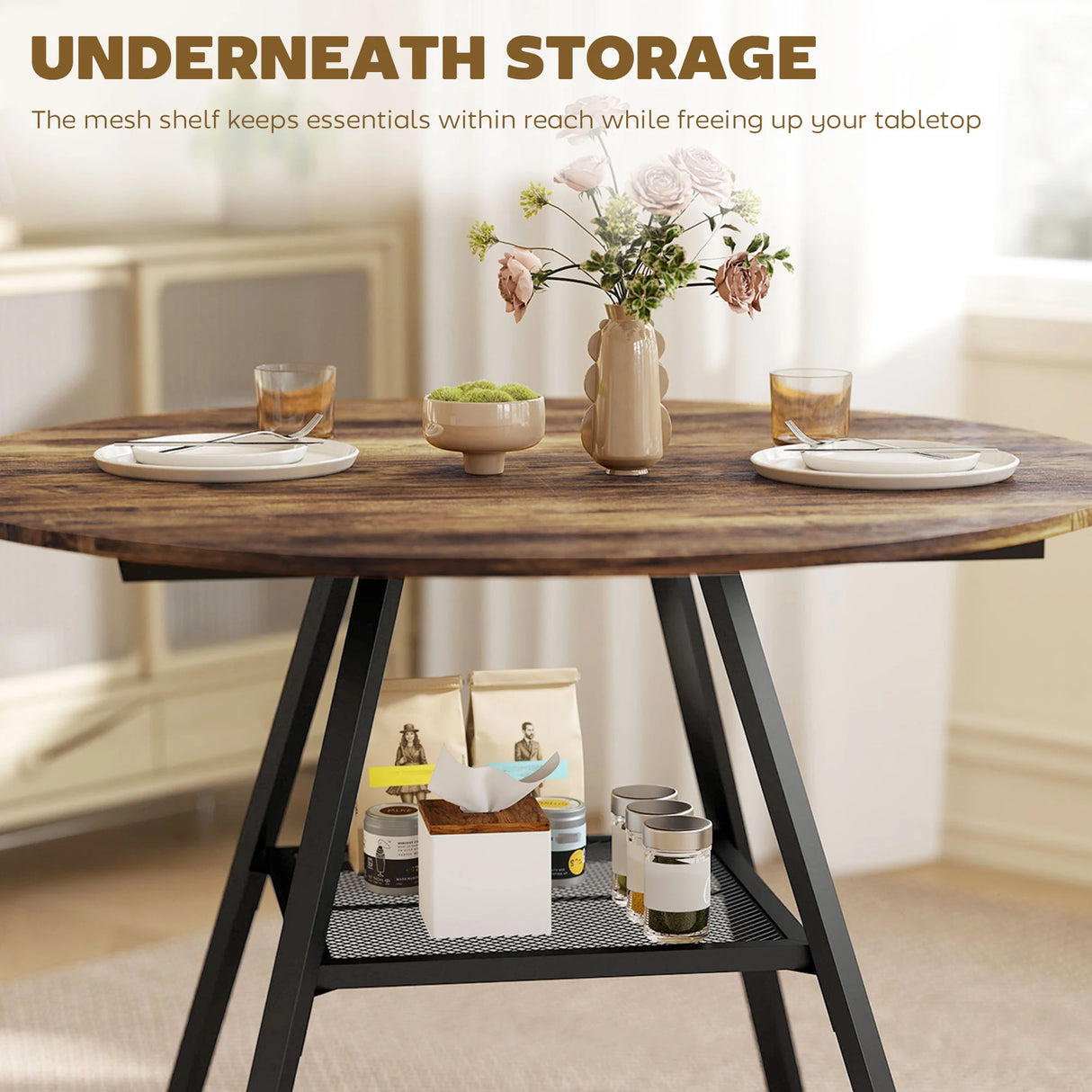 HOMCOM Dining Table for 4 People, 100 cm Round Industrial Kitchen Table with Storage Shelf, Rustic Brown