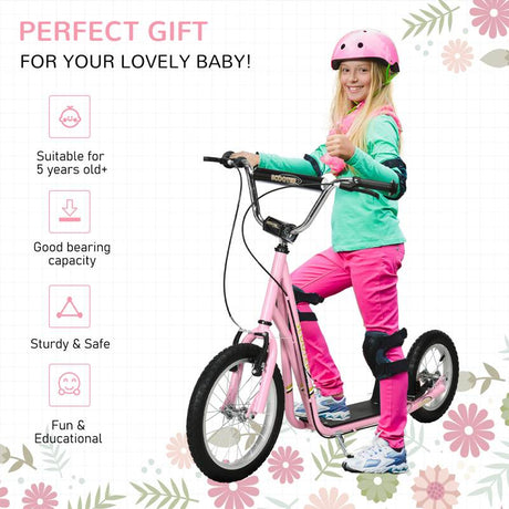 HOMCOM Kids Scooter, Teen Kick Scooter with Rubber Wheels, 16" Front Wheel, Height Adjustable Handlebar, Dual Brakes, Kick Stand, for 5+ Years, Pink