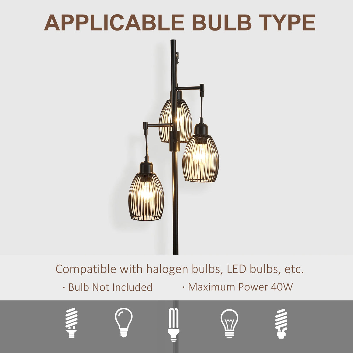 HOMCOM 3-Light Floor Lamp, 170cm Industrial Dimmable Standing Lamp with Steel Wire Cage Lampshades for Living Room, Bedroom, Dining Room, Study, Black