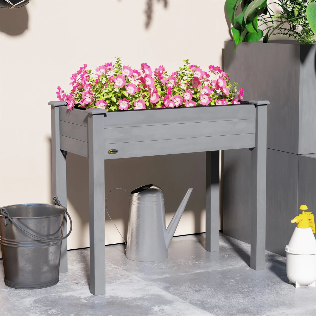 Outsunny Raised Bed for Garden, Wooden Elevated Planter Box with Bed Liner, for Flower Vegetable Herb, Dark Grey