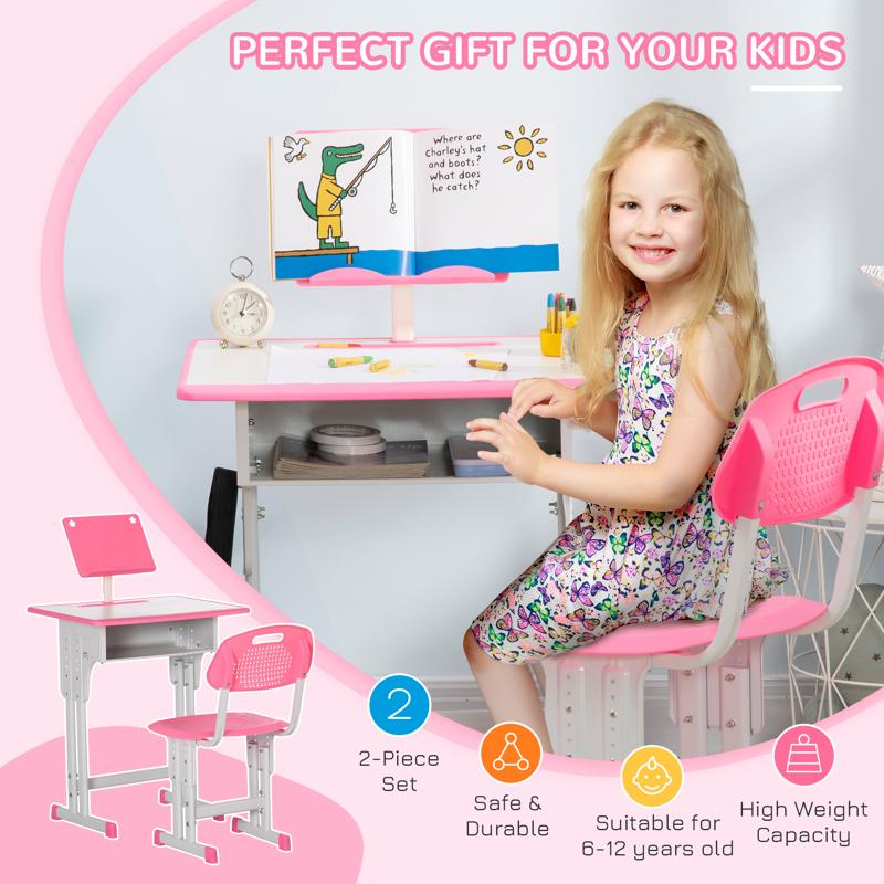 HOMCOM Kids Adjustable Desk and Chair Set, Book Stand, Pen Slot - Pink