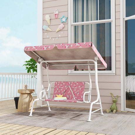 AIYAPLAY Kids Porch Swing, 2-Seater Patio Swing Bench Hammock with Seat Belts, Adjustable Canopy for Garden, Pink