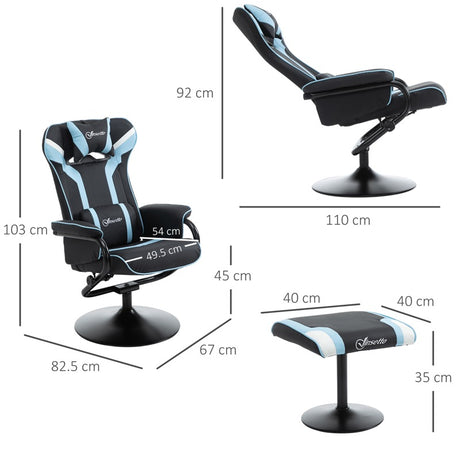 Vinsetto Reclining Chair and Stool Set, Recliner Chair with Headrest, Gaming Chair with Lumbar Support, Pedestal Base for Home Office, Lake Blue