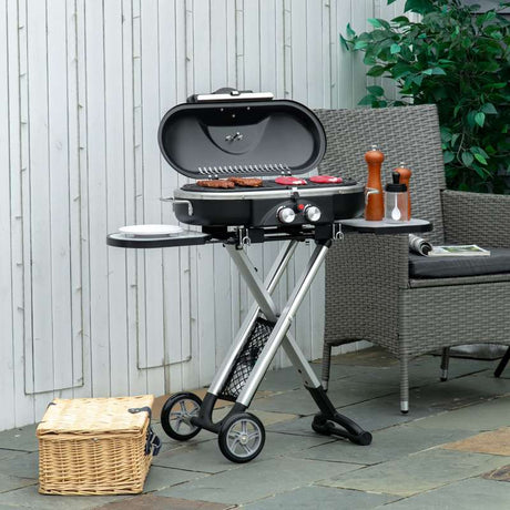 Outsunny Foldable Gas BBQ Grill 2 Burner Garden Barbecue Trolley w/ Lid Side Shelves Storage Pocket Piezo Ignition Thermometer, Aluminium Alloy