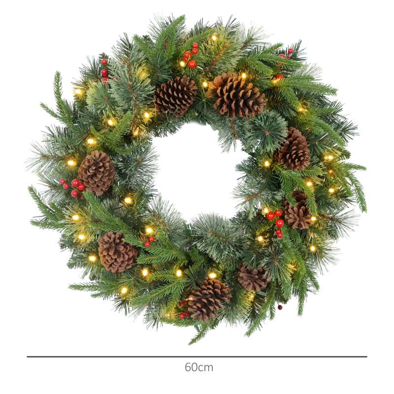 HOMCOM 60" Cone and Berry Christmas Wreath, with LED Lights