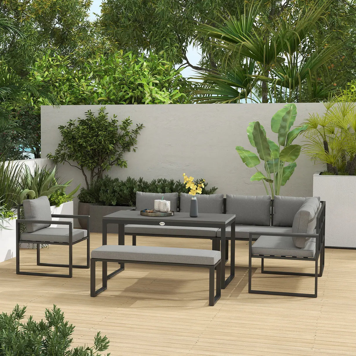 Outsunny Six Piece L Shaped Garden Furniture Set with 3 Loveseats - Grey