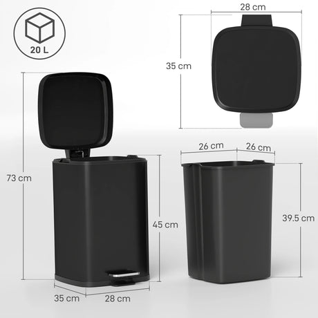 HOMCOM 20L Modern Boxy Metal Home Kitchen Bin - Black