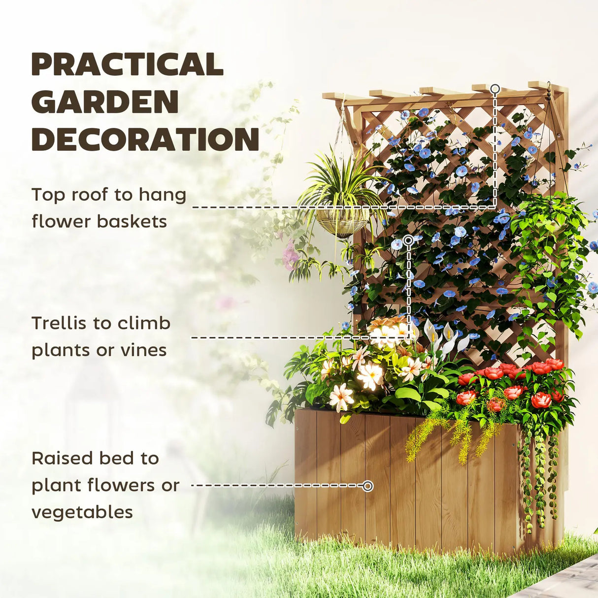 Outsunny Wooden Planter with Trellis, Freestanding Raised Garden Bed with Drainage Holes, Outdoor Planter Box with Liner for Vegetables, Herbs and Flowers, Natural