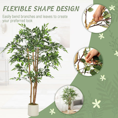 HOMCOM 150cm Artificial Ficus Tree, Fake Potted Tree with Solid Wood Trunk and Pot for Indoor, Green