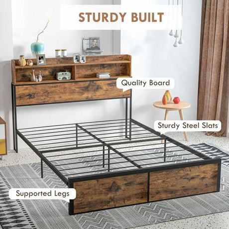 HOMCOM Industrial King Bed Frame, 5.2FT Steel Bed Base with Storage Headboard, Footboard, Slatted Support and Under Bed Storage, 158 x 222cm, Rustic Brown