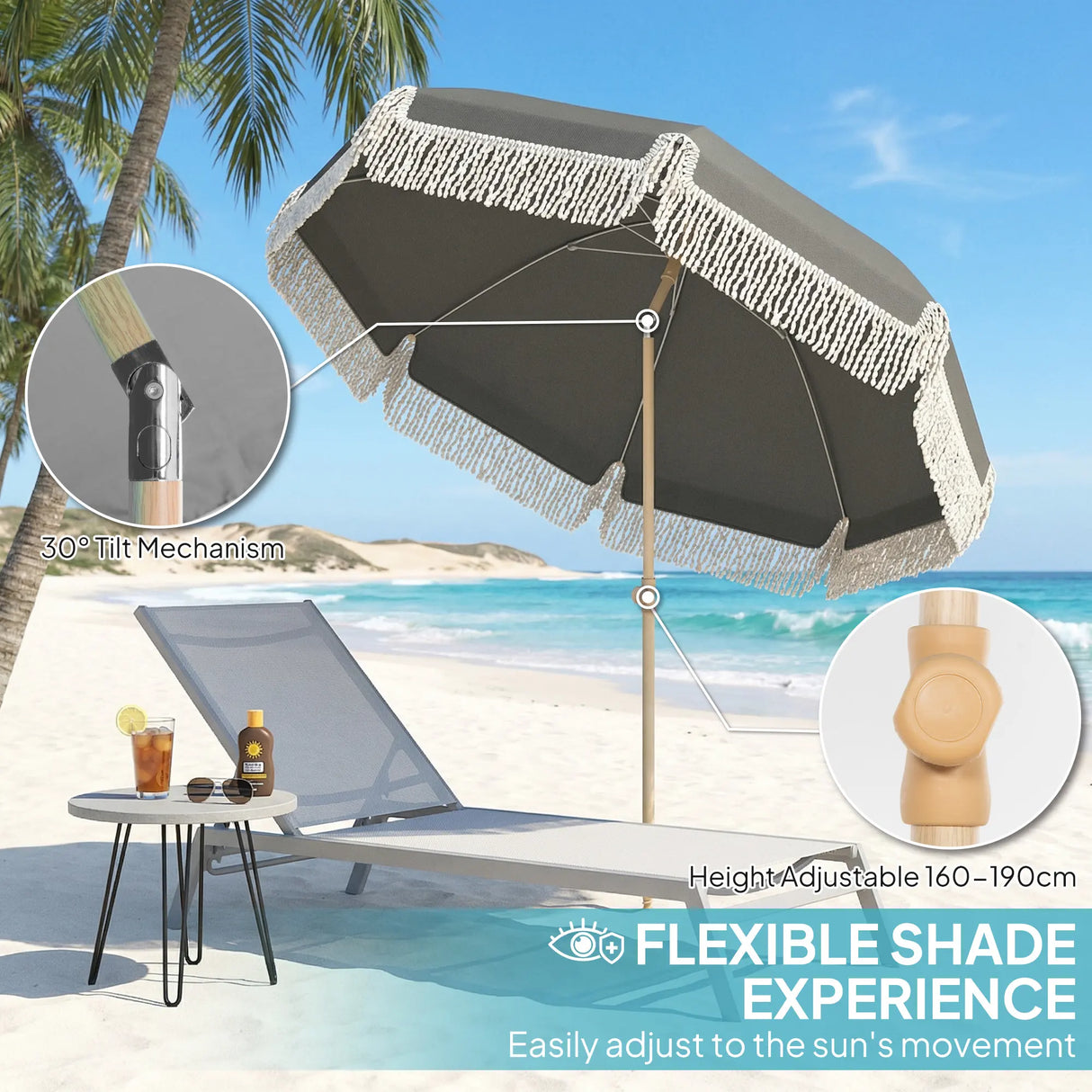 Outsunny 1.7 m Beach Umbrella with Sand Anchor, 30 Tilting Fringed Beach Garden Parasol with Adjustable Height, Grey