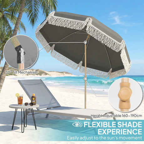 Outsunny 1.7 m Beach Umbrella with Sand Anchor, 30 Tilting Fringed Beach Garden Parasol with Adjustable Height, Grey