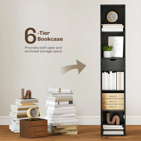 HOMCOM 6-Tier Bookcase, Tall Narrow Bookshelf with Drawer and Door - Black