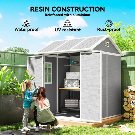 Outsunny 6 x 6ft Garden Shed with Floor, Window, Lockable Doors and Vents, Wood Effect Resin Tool Shed for Outdoor Patio, Grey