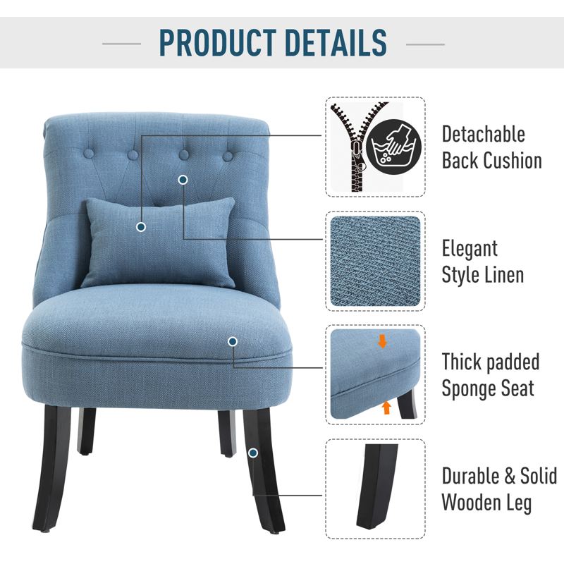 HOMCOM Fabric Single Sofa, Tub Chair, Upholstered Bedroom Chair with Pillow, Solid Wood Leg for Home, Living Room, Dining Room, Set of 2, Blue