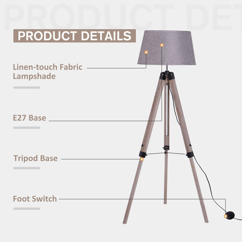 HOMCOM Tripod Floor Lamps for Living Room Bedroom, Modern Adjustable Standing Lamp with Wood Legs, Drum Fabric Shade, 99-143cm, Grey