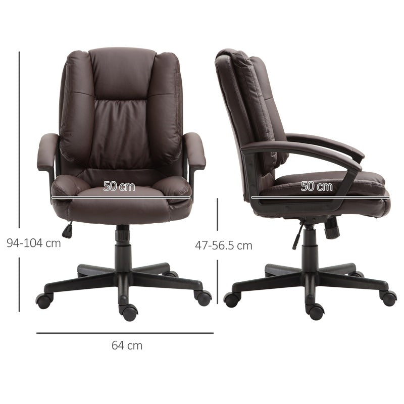 HOMCOM Office Chair, Computer Desk Chair, PU Leather Mid Back Executive Chair with Adjustable Height and Swivel Rolling Wheels for Home Study, Brown