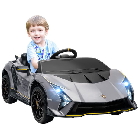 AIYAPLAY 12V Lamborghini Autentica Licensed Kids Electric Car with Remote Control, 4 Suspension Wheels, Soft Start, Grey