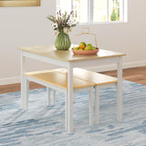 HOMCOM Dining Table and Bench Set, Farmhouse Kitchen Table and Bench with Wooden Frame for Living Room, Dining Room, Natural and White