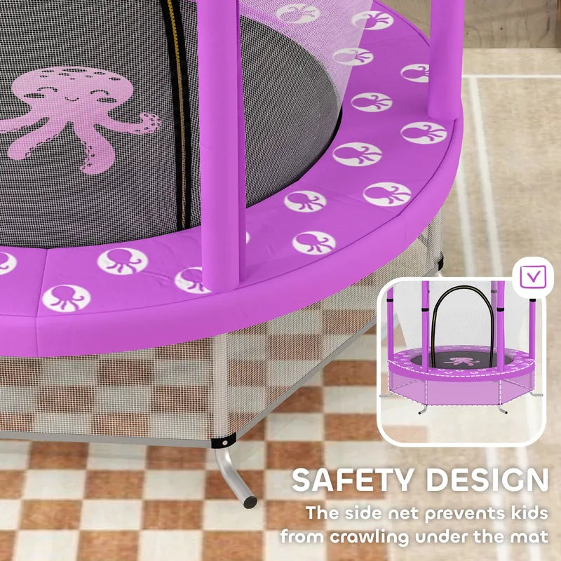 AIYAPLAY 4.6FT Toddler Trampoline w/ Safety Enclosure Net, for Indoor Outdoor Use, Ages 3-6 Years, Octopus Pattern - Purple