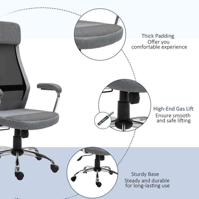 Vinsetto Office Chair, Ergonomic Desk Chair, High Back Computer Chair with Adjustable Height, Swivel Rolling Wheels, Mesh Back and Linen-Feel Fabric Seat for Home and Study, Grey