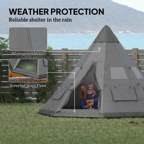Outsunny 6 Men Tipi Tent with Carry Bag - Grey
