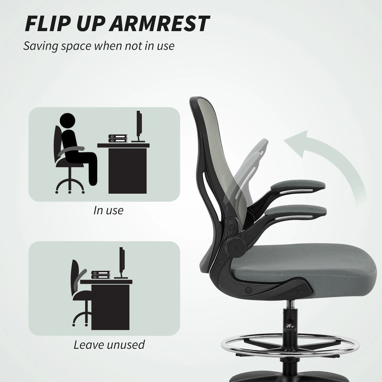 Vinsetto Drafting Chair, Ergonomic Tall Office Chair with Flip-up Armrests, Mesh Back, Lumbar Support, Adjustable Height and Foot Ring, Swivel Wheels, for Standing Desk, Charcoal Grey