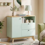 HOMCOM Sideboard Storage Cabinet, 80 cm Buffet Cabinet with 2 Drawers, Open Compartment, Adjustable Shelf, Light Green and Oak