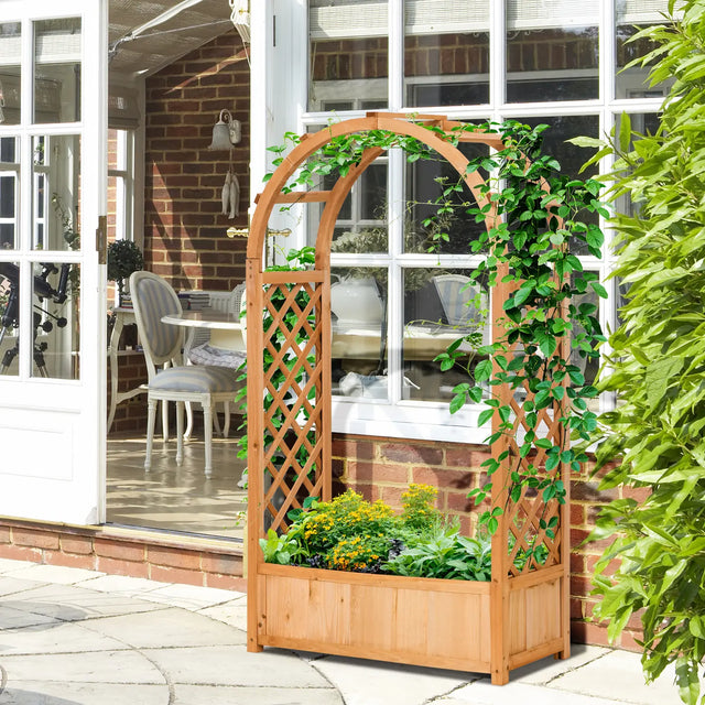 Outsunny Raised Garden Bed with Arch Trellis, Freestanding Garden Planter Box for Vine Climbing Plant Flower Herb, Brown