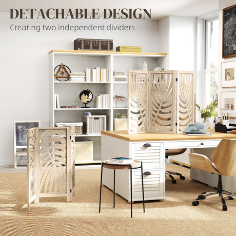HOMCOM 3 Panel Room Divider, Detachable Folding Privacy Screens with Palm Leaf Design for Home Office, Natural Wood Finish