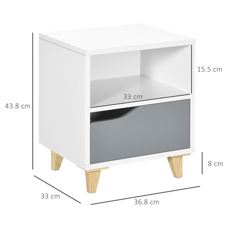 HOMCOM Modern Bedside Table, Side End Table with Shelf, Drawer and Wood Legs, 36.8cmx33cmx43.8cm, White and Grey