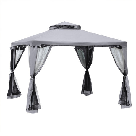 Outsunny 3 x 3 m Metal Gazebo, Garden Pavillion, Double Roof Outdoor Canopy Shelter with Mesh Sidewalls, Grey