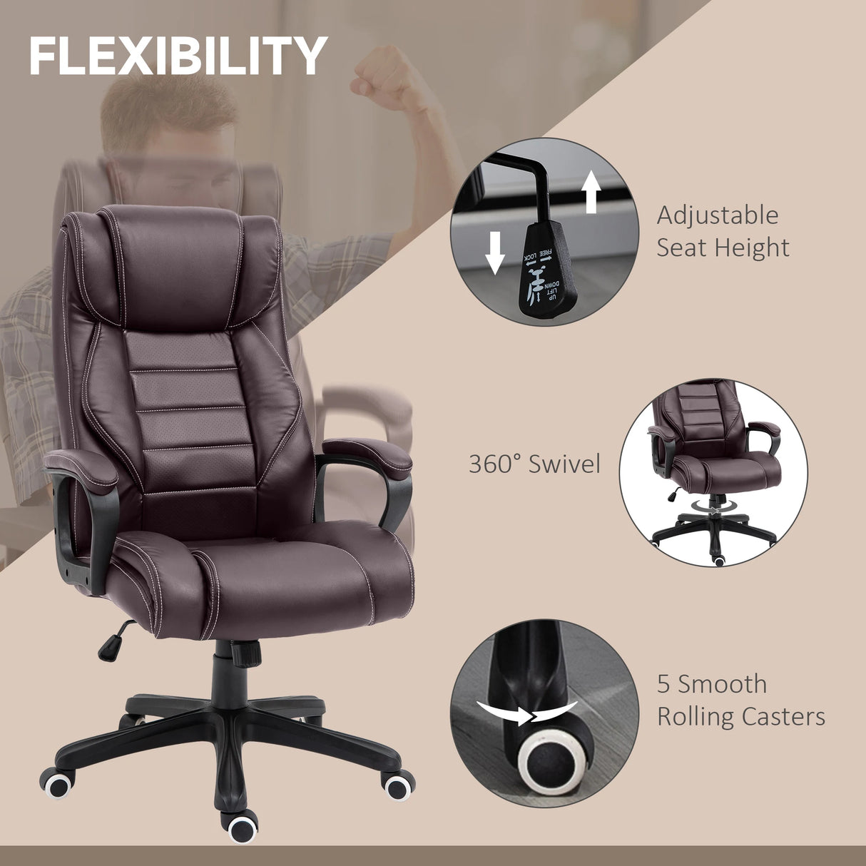 Vinsetto Office Chair with 6-Point Maaage, PU Desk Chair with Padded Seat and Armrest, Computer Chair with Tilt Function for Home, Brown