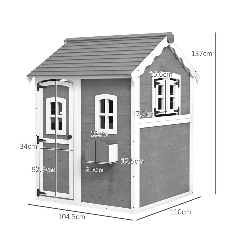 Outsunny Wooden Playhouse for Kids with Doors, Windows, Plant Box, Floors, for Ages 3-8 Years, for Gardens, Lawns, Patios - Grey