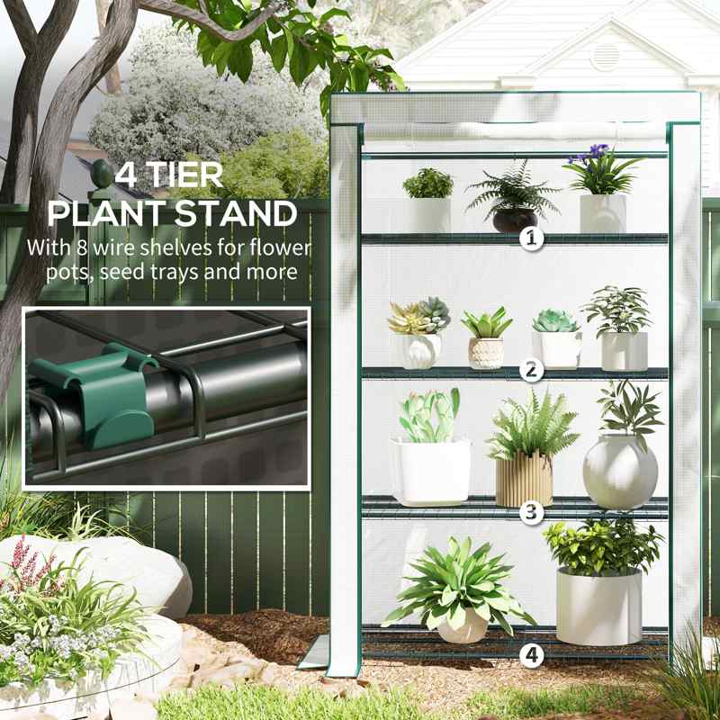 Outsunny 4 Tier Lean-to Mini Greenhouse with Reinforced PE Cover, Portable Small Greenhouse with Roll-Up Door, Green Hemmed Edging, 110 x 50 x 171cm, Green